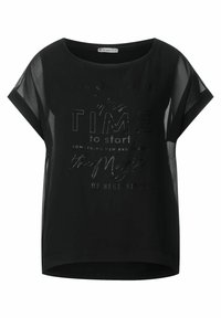 Svart t-shirt med korta nätärmar, rund halsringning och texturerad grafisk tryck med motiverande text i olika typsnitt.