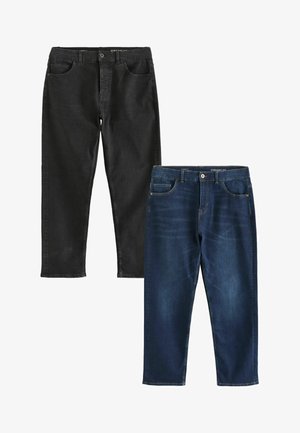 Due paia di jeans dritti: uno nero con una trama liscia e uno blu scuro con un motivo sbiadito, entrambi con un classico design a cinque tasche.