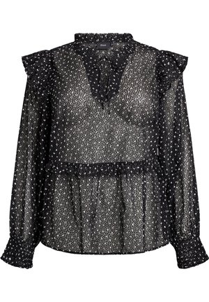 Černá, poloprůhledná blůza s volánkovým výstřihem a dlouhými rukávy. Obsahuje tečkovaný vzor a sklady v pase pro strukturovaný siluetu.