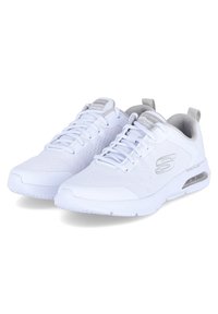 White athletic shoes with a textured mesh upper, lace-up closure, and grey accents. Features air cushioning in the sole and a pull tab.