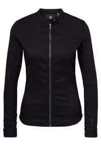 Giacca in denim nero con collo alla coreana, cerniera frontale e vestibilità aderente. Presenta cuciture strutturate e maniche aderenti con dettaglio sul polsino.