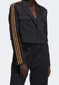 Černý zkrácený blazer s klopovými límci, dvěma předními kapsami a rukávy se zlatými pruhy, vyrobený z hladkého materiálu se strukturovaným designem.