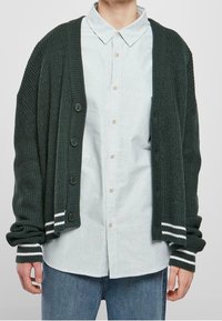 Cardigan lavorato a maglia verde scuro con tre bottoni, polsini a strisce bianche, indossato su una camicia a righe blu chiaro e bianche.