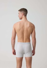 Boxer da uomo in cotone grigio con elastico grigio chiaro, visti da dietro. I boxer sono attillati e senza cuciture, con una texture liscia.