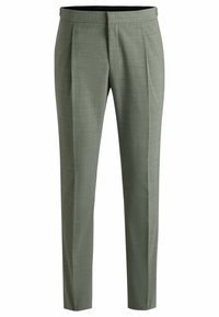 Tailored trousers in a muted green fabric, featuring a subtle texture, straight cut, and side pleats for added detail.
