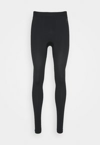 Leggings atléticos negros con un patrón texturizado, que presentan una cinturilla alta y un diseño ajustado, adecuados para ropa deportiva.