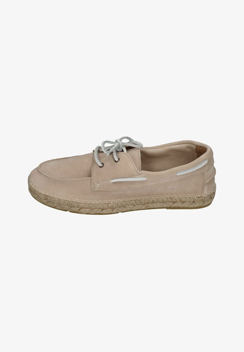 Beige Wildleder-Schuh mit Schnürdesign, geschlossener Spitze und gewobener Jutesohle. Verfügt über dezente seitliche Akzente und eine abgerundete Form.