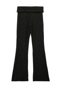 Schwarze, ausgestellte Leggings aus weichem Material, ausgestattet mit einem breiten elastischen Bund und einer glatten Textur, die für Komfort und Bewegungsfreiheit sorgt.