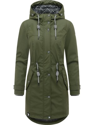 Long imperméable à capuche vert olive avec cordons blancs, fermeture à boutons et zip sur le devant, deux poches latérales et doublure intérieure matelassée.