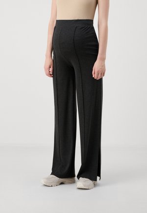 Dark gray, loose-fitting wide-leg pants with side slits and a high waistband, made of a soft, smooth fabric.