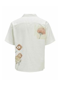 Short-sleeve white shirt with a casual collar, featuring floral and geometric print designs in muted colors on the back.