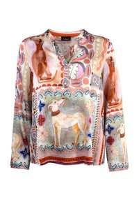 Langärmlige Bluse aus leichtem Stoff mit einem bunten tierischen Print in verschiedenen Pastelltönen, komplizierten Mustern und einem V-Ausschnitt.
