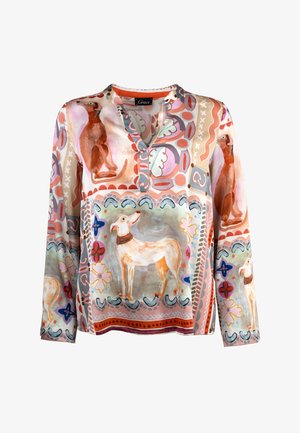 Langärmlige Bluse aus leichtem Stoff mit einem bunten tierischen Print in verschiedenen Pastelltönen, komplizierten Mustern und einem V-Ausschnitt.