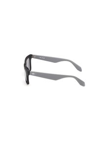 Black rectangular sunglasses with gray textured arms featuring a zigzag pattern. Lenses are dark, metal accents on frame.