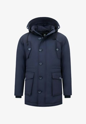 Marineblauwe parka jas met een capuchon, voorzien van grote voorzakken, knoopsluitingen, verstelbare trekkoorden en een gladde structuur.