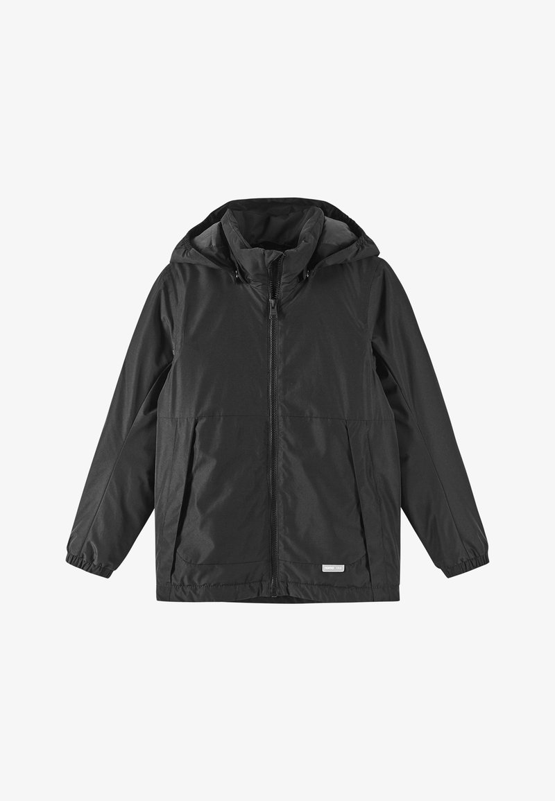 Sort hættejakke lavet af letvægtsstof. Har en fuld frontlynlås, elastiske manchetter og en let glans. Ingen mønstre eller udsmykninger.