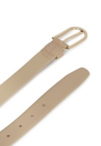 Beige leather belt with a gold metal buckle. Features a smooth texture and multiple holes for adjustment. Length marked as 85 cm.