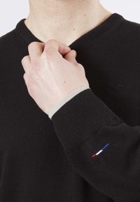 Sweatshirt noir avec un col et des poignets côtelés. Détails remarquables : un accent brodé tricolore sur la manche et un tissu texturé.