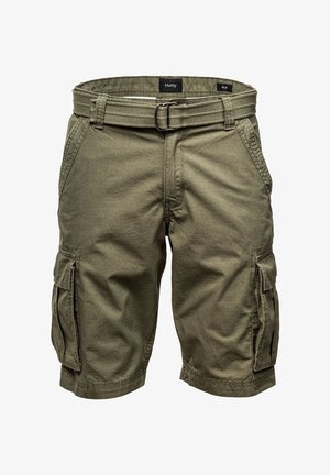 Olivgrüne Cargo-Shorts aus Baumwolle mit mehreren Seitentaschen, einem Gürtelbund und einer strukturierten Stoffoberfläche.