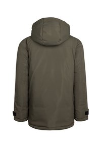 Jachetă izolată de culoare verde măsliniu, cu glugă, având o textură netedă, manșete elastice și un design cu croială dreaptă.