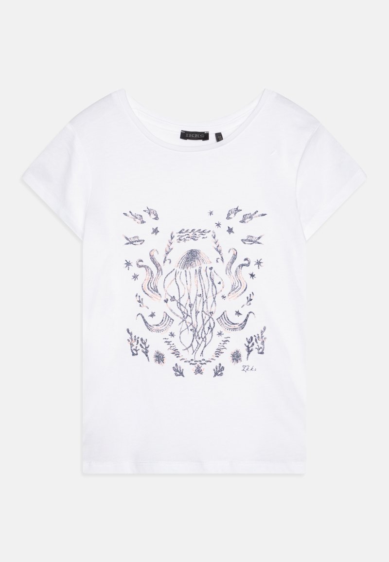Weißes T-Shirt mit kurzen Ärmeln, das ein grafisches Motiv von einer Qualle und aquatischen Themen in Blau und Silber zeigt, aus weichem Baumwollmaterial.