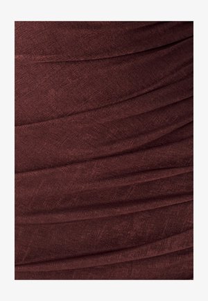 Burgundy gathered fabric with a soft texture, featuring horizontal pleats creating a layered appearance across the surface.