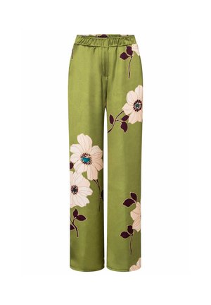 Groene wijde broekspijpen met grote witte en paarse bloemenprints en een elastische tailleband.