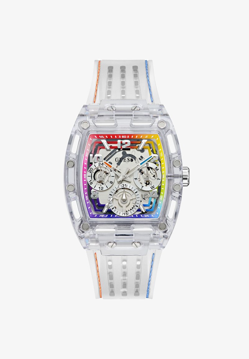 Montre carrée transparente avec un cadran à dégradé arc-en-ciel, bracelet blanc avec coutures orange et bleues, équipée de trois sous-cadrans pour l'heure et la date.