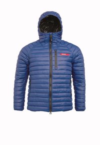Blå pufferjacka med kviltat mönster, utrustad med dragkedja framtill och huva. Materialet ser glänsande ut, med en mörk foder och en liten logodetalj.