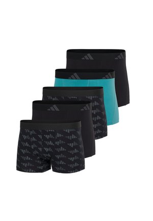 Boxer aderenti in diverse tonalità di nero e teal, con un motivo geometrico grigio. Fasce elastiche in vita, tessuto dalla texture liscia.