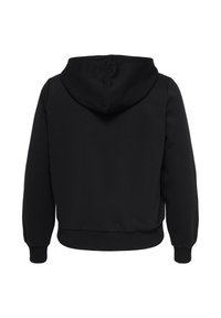 Must värviline kapuutsiga pikkade varrukatega pusa, millel on soonikkäised ja -ääred, esitatud tagantvalgust valgel taustal.