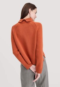 Rostfarbener Strickpullover mit geripptem Kragen und Bündchen, der eine lockere Passform und seitliche Schlitze aufweist. Die Rückseite zeigt ein strukturiertes Maschenmuster.
