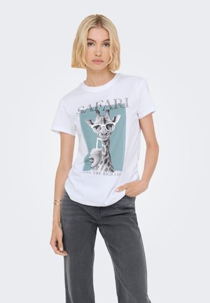 White cotton t-shirt features a graphic of a giraffe in sunglasses, with the word "SAFARI" above and "LIVING THE HIGH LIFE" below.