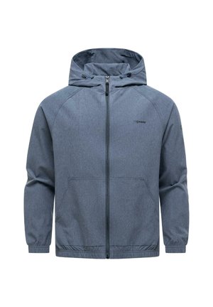 Męska niebieska wodoodporna kurtka z kapturem, zapinana na przedni zamek błyskawiczny, z elastycznymi mankietami i bocznymi kieszeniami, zaprojektowana do użytku na zewnątrz.