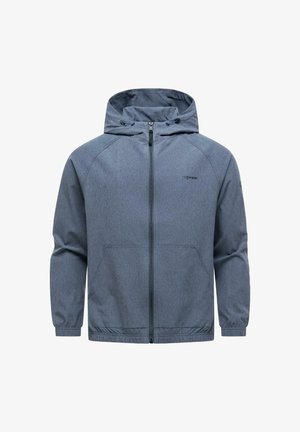 Blauer, wasserdichter Herrenparka mit Kapuze, Frontreißverschluss, elastischen Bündchen und Seitentaschen, entwickelt für den Außeneinsatz.