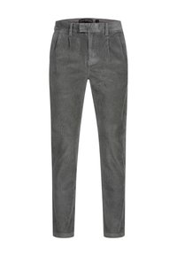 Pantalon en velours côtelé gris avec plis à l'avant, passants de ceinture et coupe droite.