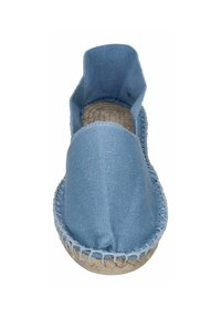 Light blue canvas espadrille with a round toe, braided jute sole, and decorative stitching along the edges. Smooth texture.