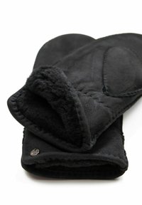 Schwarze Wildlederfäustlinge mit weichem, flauschigem Innenfutter. Verfügen über abgesteppten Nähte und ein kleines Metallakzent. Abgerundete Form für optimale Handbedeckung.