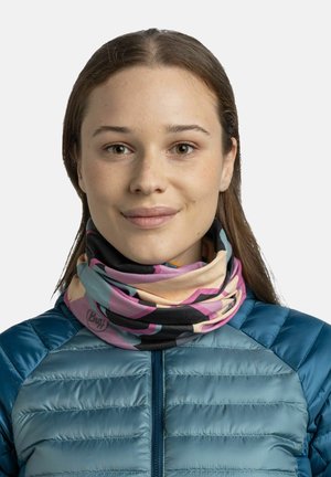 Multicolor neck gaiter made of soft, stretchy fabric, featuring abstract patterns in pink, black, and teal tones. Smooth texture, versatile design.