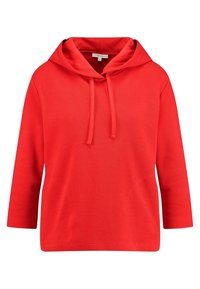 Sudadera con capucha roja de tejido texturizado, diseño transpirable, mangas tres cuartos y cordones ajustables en el escote.