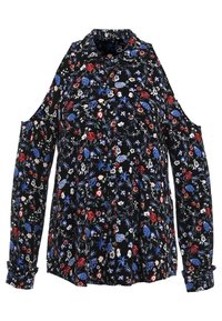 Blusa nera floreale con spalle scoperte. Presenta fiori rossi e blu su uno sfondo nero. Maniche lunghe con polsini a bottoni.