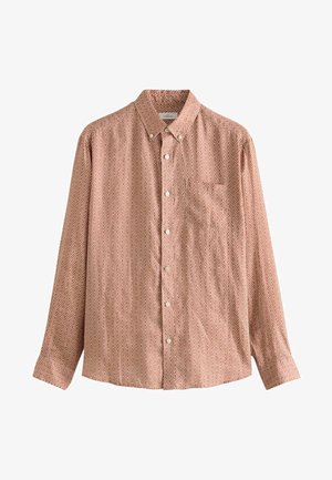 Langärmliges Hemd in Rostfarbe mit einem Rautenmuster, ausgestattet mit einem Button-Down-Kragen und einer einzelnen Brusttasche. Hergestellt aus leichtem Stoff.