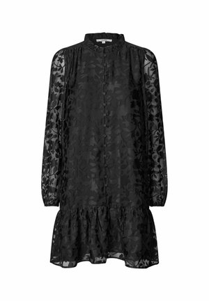 Rochie neagră din material transparent, cu imprimeu floral, mâneci lungi tip puff, închidere cu nasturi în față, guler volanat și margine volanată.