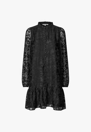 Zwarte doorschijnende bloemenjurk met lange pofmouwen, knoopsluiting aan de voorkant, rimpelige kraag en rimpelige zoom.