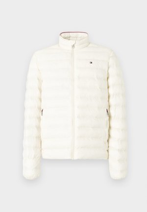 White puffer jacket with a high collar, vertical stitching, zip closure, and a small logo on the chest. Smooth texture, lightweight design.