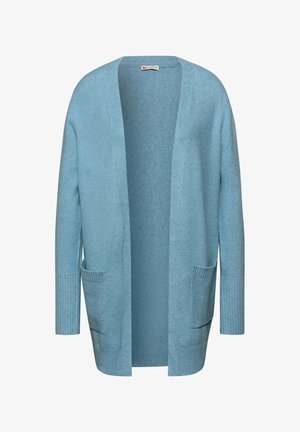Hellblauer Strickcardigan mit langen Ärmeln, offenem Vorderteil und zwei Fronttaschen. Mit gerippten Bündchen und Saum für zusätzliche Textur.