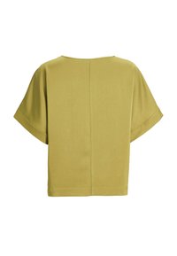 Haut jaune moutarde à manches courtes, coupe ample, avec manches larges et couture centrale dans le dos, vu de dos sur fond blanc.
