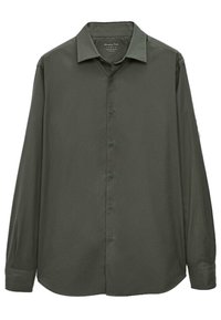 Donkergroen overhemd met lange mouwen en een button-down kraag. Heeft een gladde textuur en bijpassende knopen aan de voorkant.