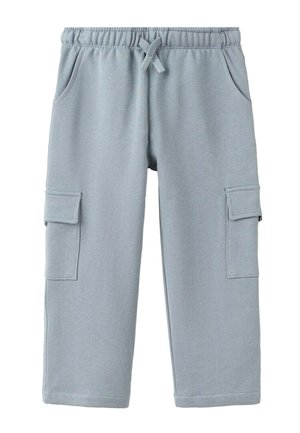 Pantaloni in pile azzurro chiaro con vita elastica, coulisse, tasche laterali e tasche cargo su entrambe le gambe.
