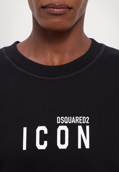 Čierna mikina s okrúhlym výstrihom a krátkymi rukávmi. Na prednej strane je vytlačený nápis "DSQUARED2 ICON" tučným, bielym, veľkými písmenami.